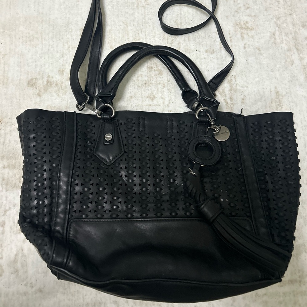 Steve Madden Black Perforated Leather Tote with Tassel Charm